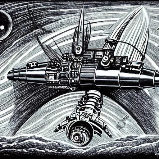 Image similar to atompunk space ship sailing the infinite cosmos, grand scale, raygun gothic style, astrophysics, mathematical drawing, painting by h. r. giger