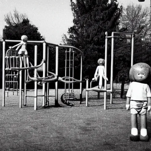 Image similar to 1 9 7 0 s black and white horror picture of a playground with children playing, but with a creepy figure in the background