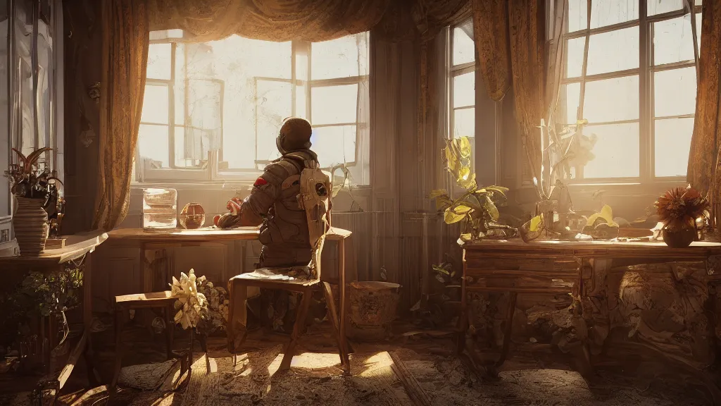 Image similar to a cosmonaut in a spacesuit sits at an old wooden desk with a flower vase, in a richly decorated Victorian house. the autumn light comes in through a window and dimly illuminates the room, diffuse light, octane render