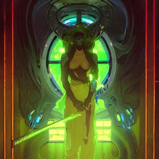 Prompt: menacing aggressive black slimy creature made out of needles, inside a gas station, aggressive harsh bright fluorescent industrial green/blue lighting, extremely detailed digital matte painting buy Greg Rutkowski and Alphonse Mucha