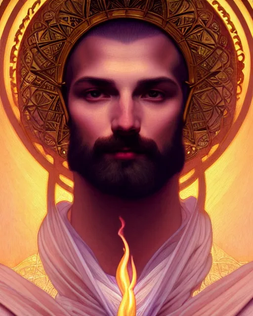 Prompt: symmetry portrait of saint germain and a violet flame, intricate, elegant, highly detailed, digital painting, artstation, concept art, smooth, sharp focus, illustration, art by artgerm and greg rutkowski and fra angelico and alphons mucha