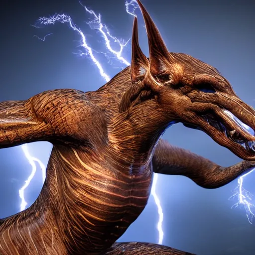 Image similar to photography of a hyper realistic highly detailed stunning creature controlling highly detailed lightning storms, super power. professionnal digital art, artstatiom, stuning, intricate, complex, unreal engine 5.