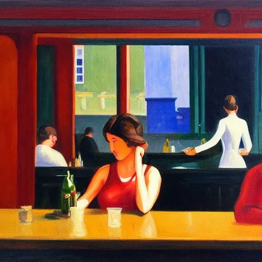 Image similar to a painting of a bar with people sitting inside scrolling on their smartphones in the style of edward hopper