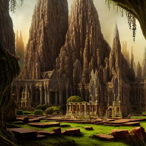 Prompt: a beautiful and highly detailed matte painting of an ancient brick elven temple, epic scale, insanely complex, hyperdetailed, sharp focus, hyperrealism, artstation, cgsociety, 8 k, by caspar friedrich, albert bierstadt, james gurney, brian froud,