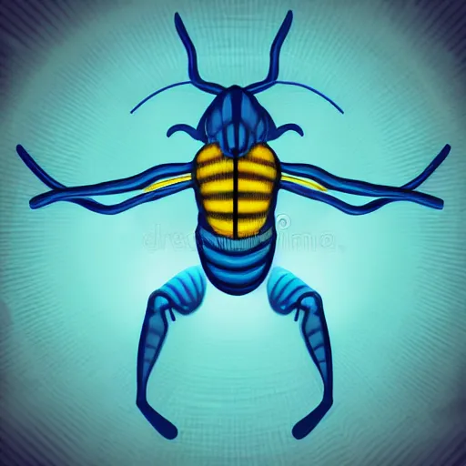 Image similar to human man that resembles a wasp morh in surreal sketch style, blue and yellow gradient, noise, ultrafine detail, hd 8k, logo illustration