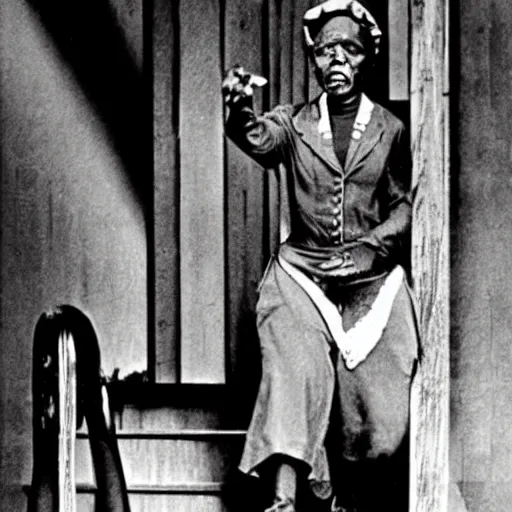 Prompt: Historical photograph of Harriet Tubman doing the Joker dance down a set of stairs