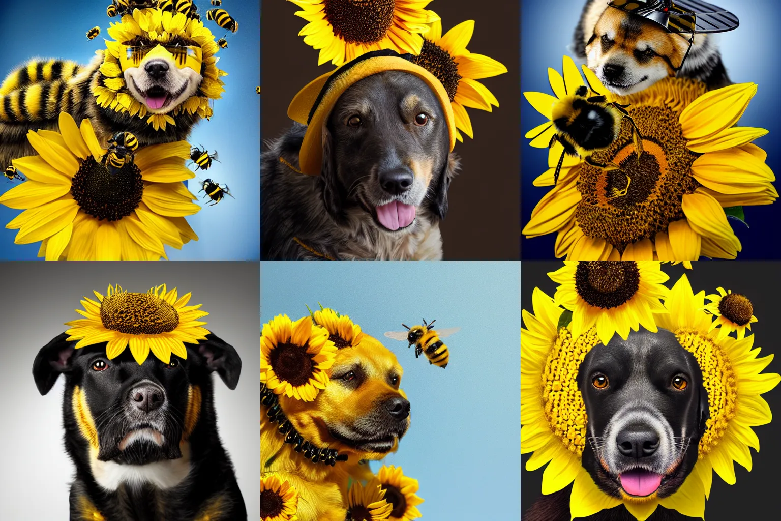 Image similar to bumblebee dog with bumblebee coat wearing a sunflower covered in bumblebees as a hat, photo realistic, studio lighting, realistic shadows, 4 k