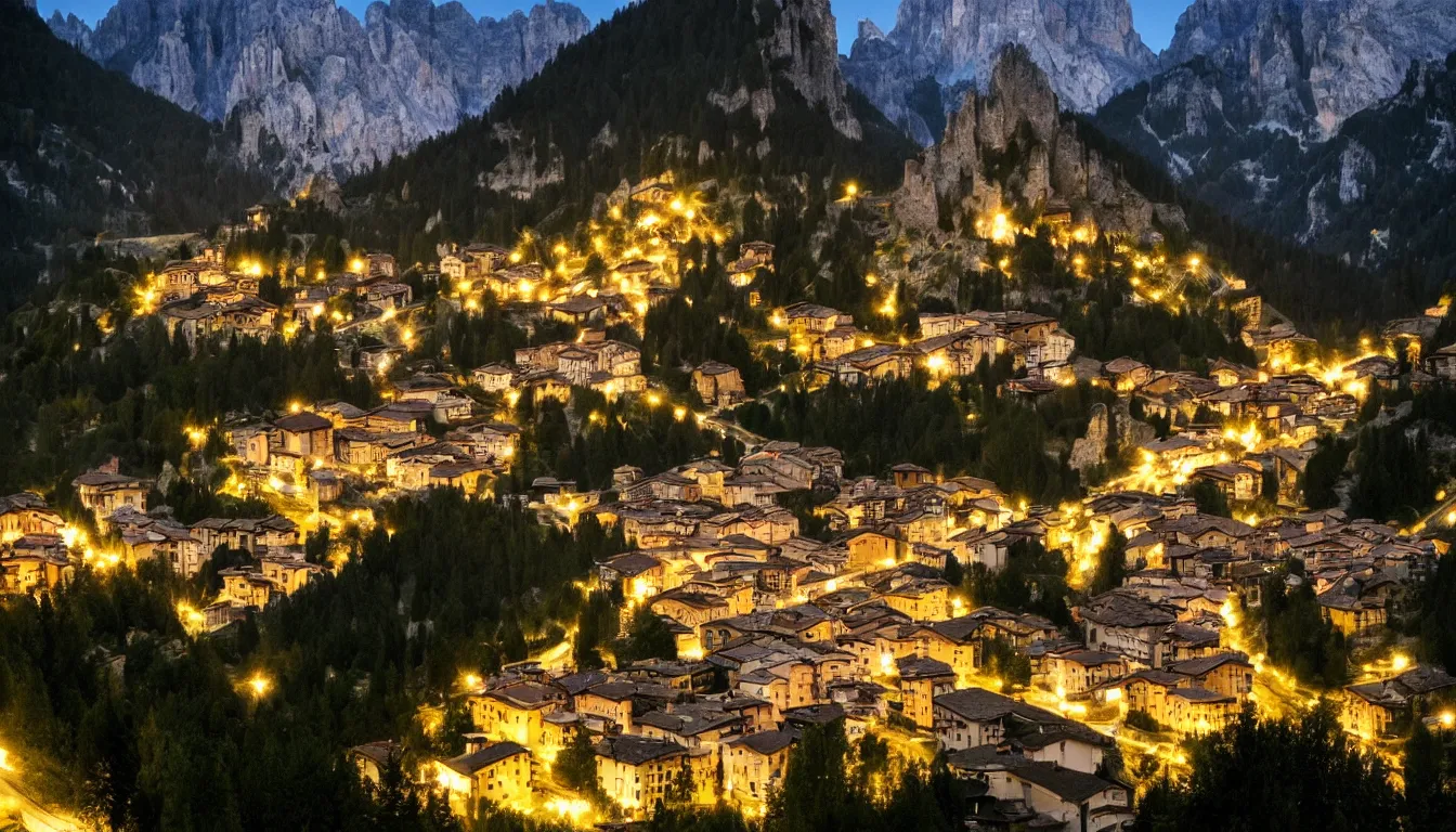 Image similar to an italian town in the dolomites mountains, night