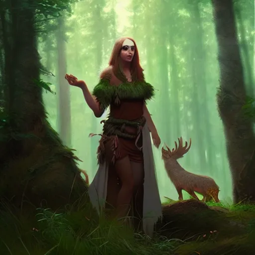 Prompt: a pretty female druid surrounded by forest animals, digital painting, photorealistic, in the style of greg rutkowski, highly detailed, cinematic