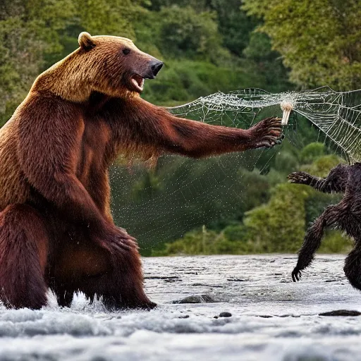 Prompt: a giant spider fighting a bear, national geographic photo, award winning