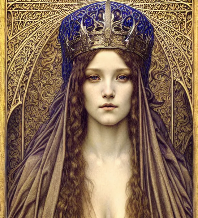 Image similar to detailed realistic beautiful young medieval queen face portrait by jean delville, gustave dore and marco mazzoni, art nouveau, symbolist, visionary, gothic, pre - raphaelite. horizontal symmetry