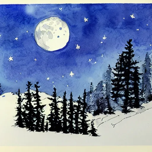 Prompt: the stars are melting, along the golden shores, there are pines and over the spruce, the moon was reflected in a glass, watercolor drawing, high quality.