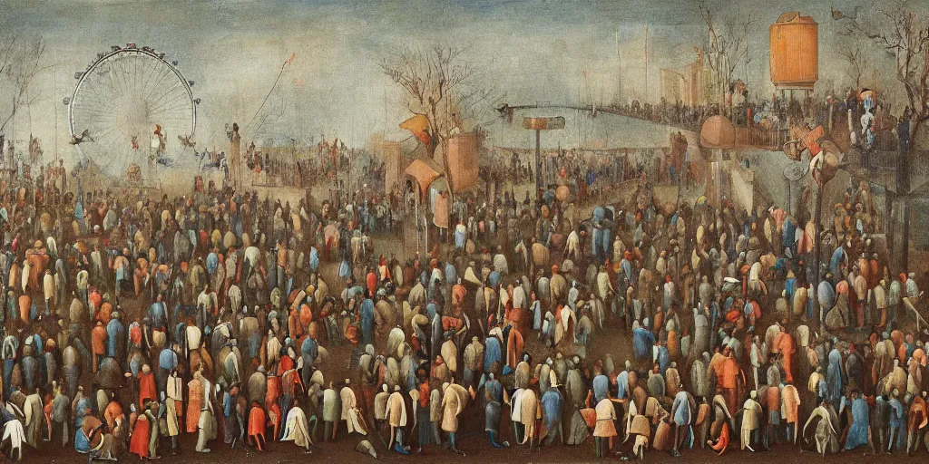 Prompt: painting of a crowd of people hanging from a ferris wheel in the style of bosch