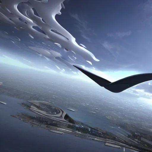 Image similar to Zaha Hadid fly in the sky in his fantasy world design by Zaha unreal engine vray