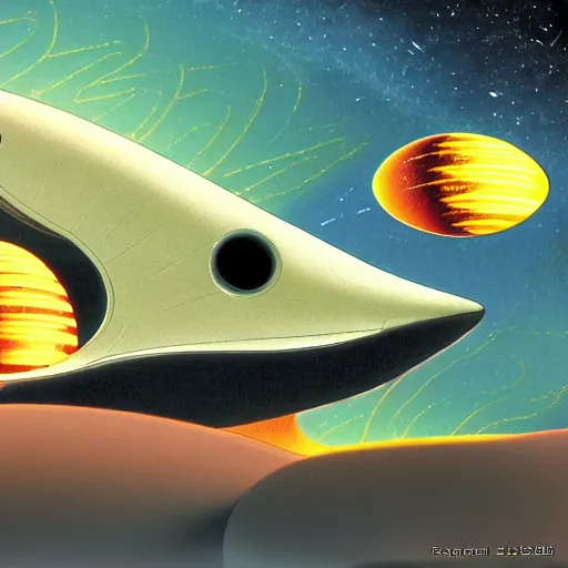 Prompt: spacship in La planète sauvage animation by René Laloux