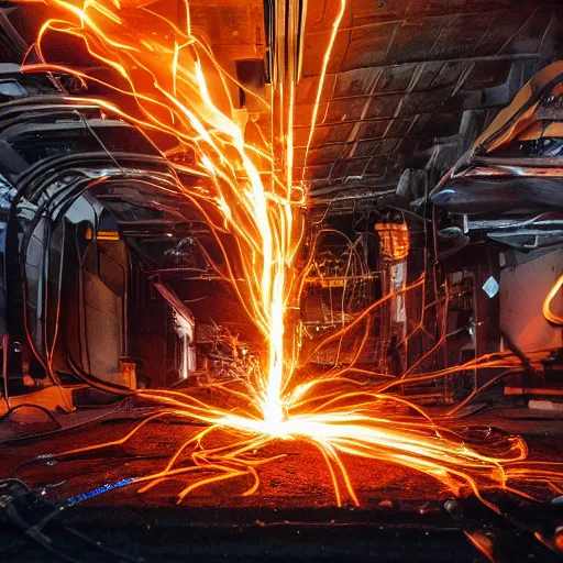 Image similar to overcharging toaster oven, tangles of metallic cables, dark messy smoke - filled cluttered workshop, dark, dramatic lighting, orange tint, sparks, plasma charges, cinematic, highly detailed, sci - fi, futuristic, movie still