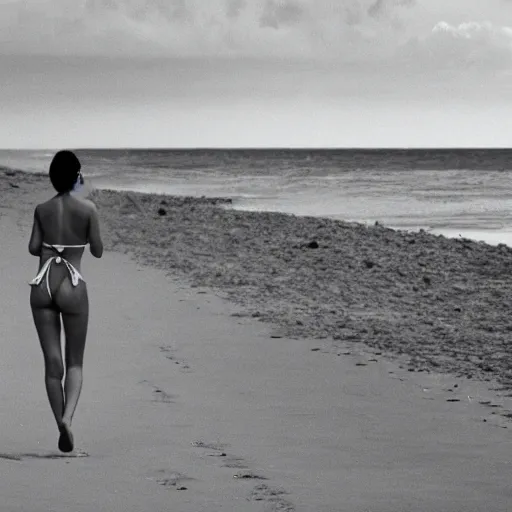 Image similar to beautiful bikini clad woman walking alone on a beach with a nuclear explosion in the background, rule of thirds