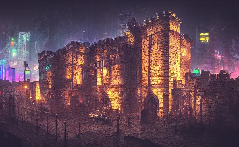 Prompt: a cyberpunk medieval castle, stone brick walls, vincent lefevre, neon lights