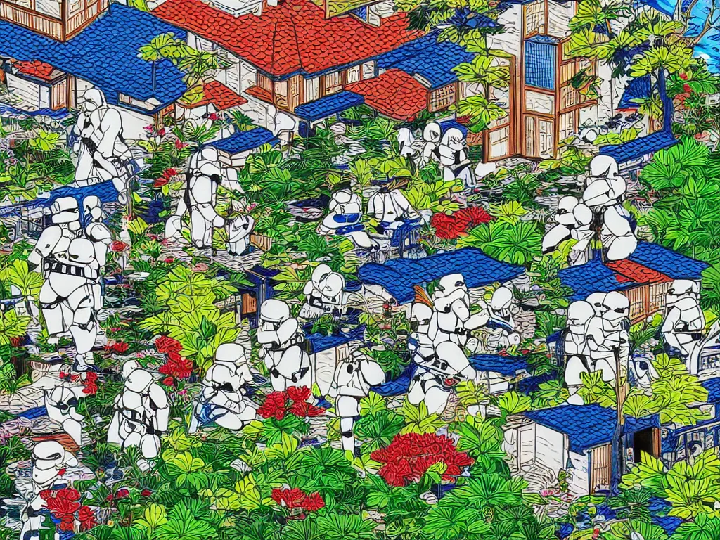 Image similar to super - detailed close - up image of one japanese house with a garden, pond, five stormtroopers sitting around it, in style of pop - art, andy warho style, roy lichtenstein style, jackie tsa stylei, bright palette, acrylic on canvas