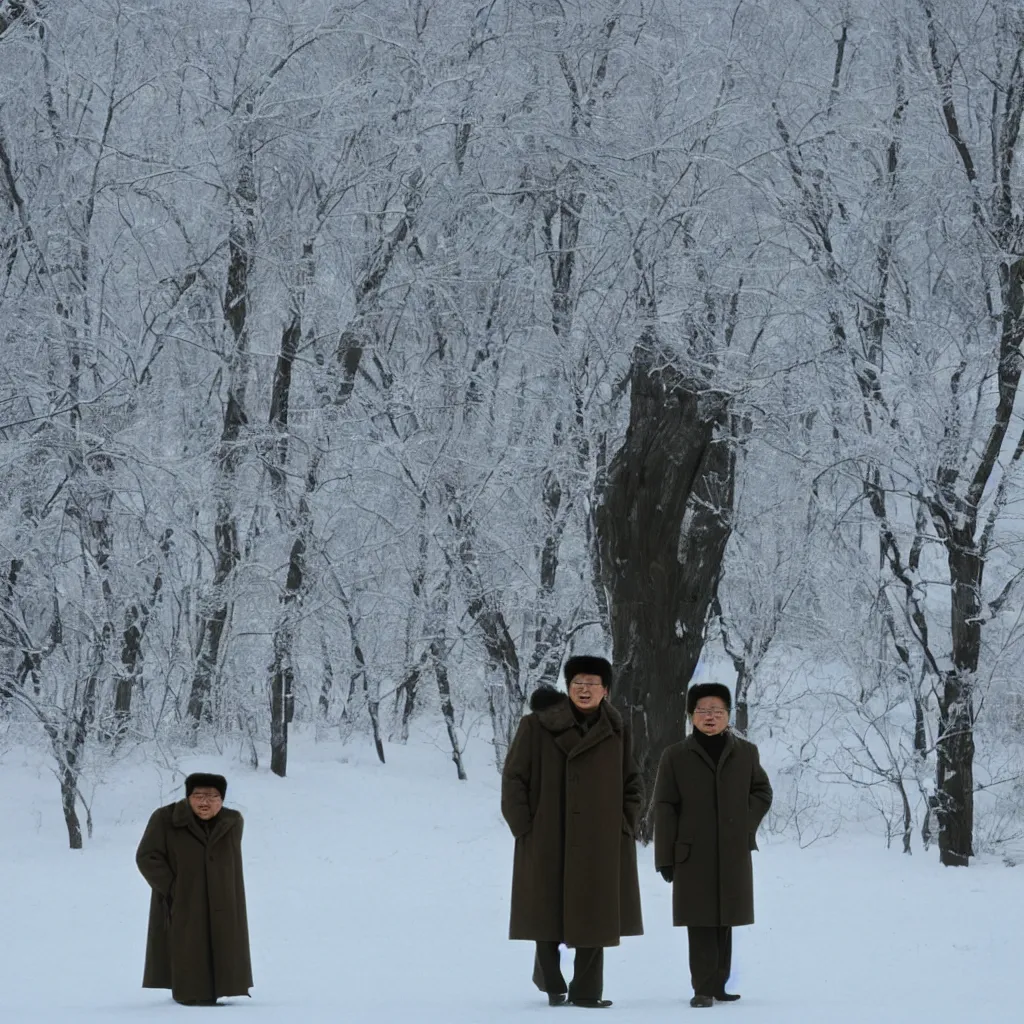 Image similar to filmstill of Kim Jong-il wearing a furry chapka and playing the role of Omar Sharif in Doctor Zhivago by David Lean, man in furry coat, cold Russian landscape, snow and trees, minimal composition, 1965, cinemascope, Eastman Color Negative 50T 5251 Neg. Film, epic romance