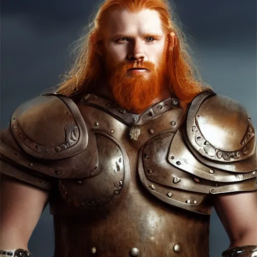 Image similar to ginger viking with flowing long wavy hair in leather armor, very pale, very hairy chest, bare chest, very thick thighs, bare legs, husky body type, big muscles, very tall, strong, powerful, majestic, imposing, full body picture, matte painting, concept art, 4 k