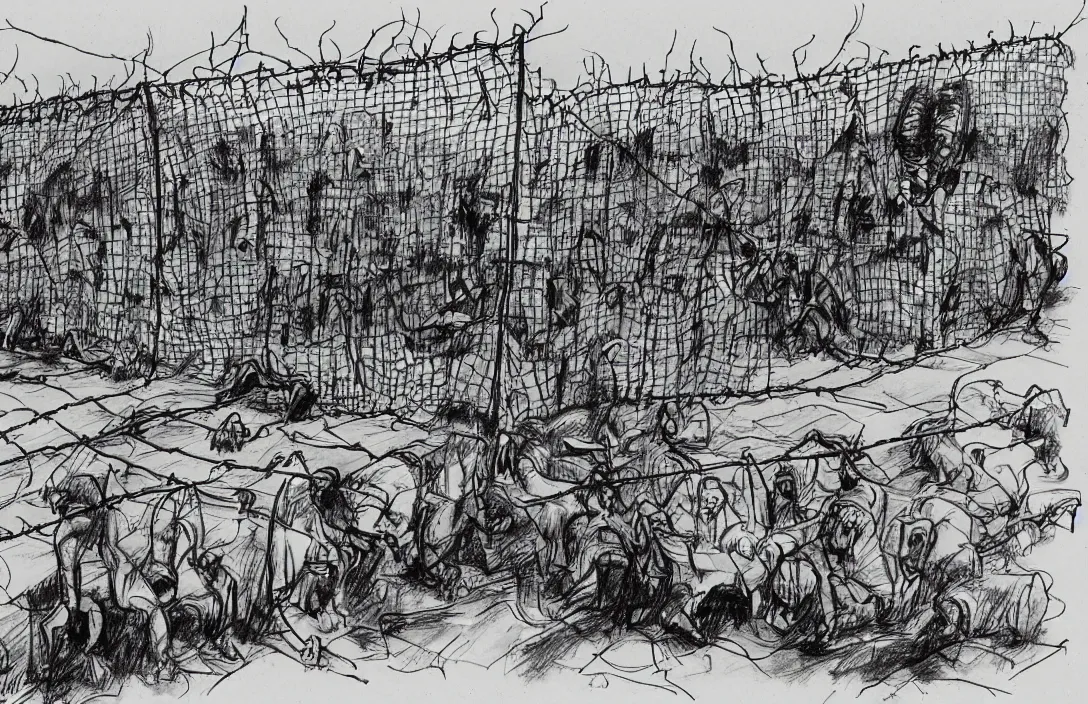 Image similar to milt kahl sketch of zombie apocalypse resistance camp with barbed wire fencing