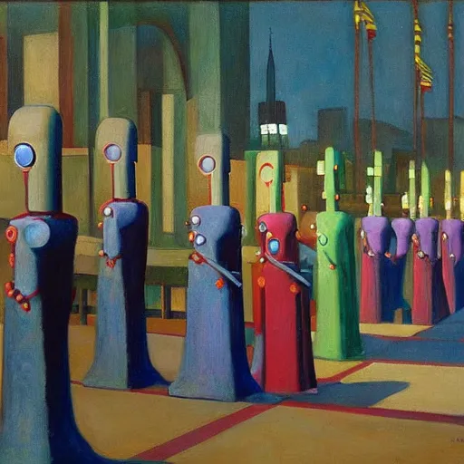 Image similar to robot druids in a grand processional, capital plaza, grant wood, pj crook, edward hopper, oil on canvas