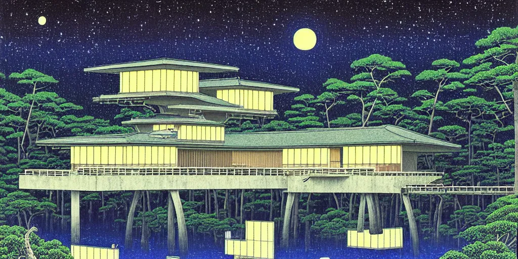 Image similar to painting by Hasui Kawase, atmospheric cozy futuristic organic white concrete house in the middle of a lush and dense forest at night, a beautiful lake next to it, night time, night sky, starry night sky, by Hasui Kawase