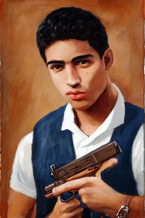 Image similar to a portrait of a handsome 2 3 years old cuban man holding a gun