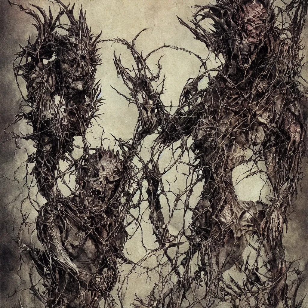 Prompt: A creepy armored horned fanged demon woman with blue scarred skin wrapped in barbed wire. Extremely high detail, realistic, fantasy art, solo, bones, textured, masterpiece, saturated colors, intricate ominous visionary concept art tangled, ripped flesh, art by Zdzisław Beksiński, Arthur Rackham, Dariusz Zawadzki