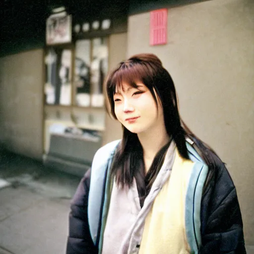 Prompt: a candid, intimate, authentic, portrait, high resolution, color, digital photo of a cute 2 2 year old alternative woman from kobe in the year 1 9 9 8. slightly long shot