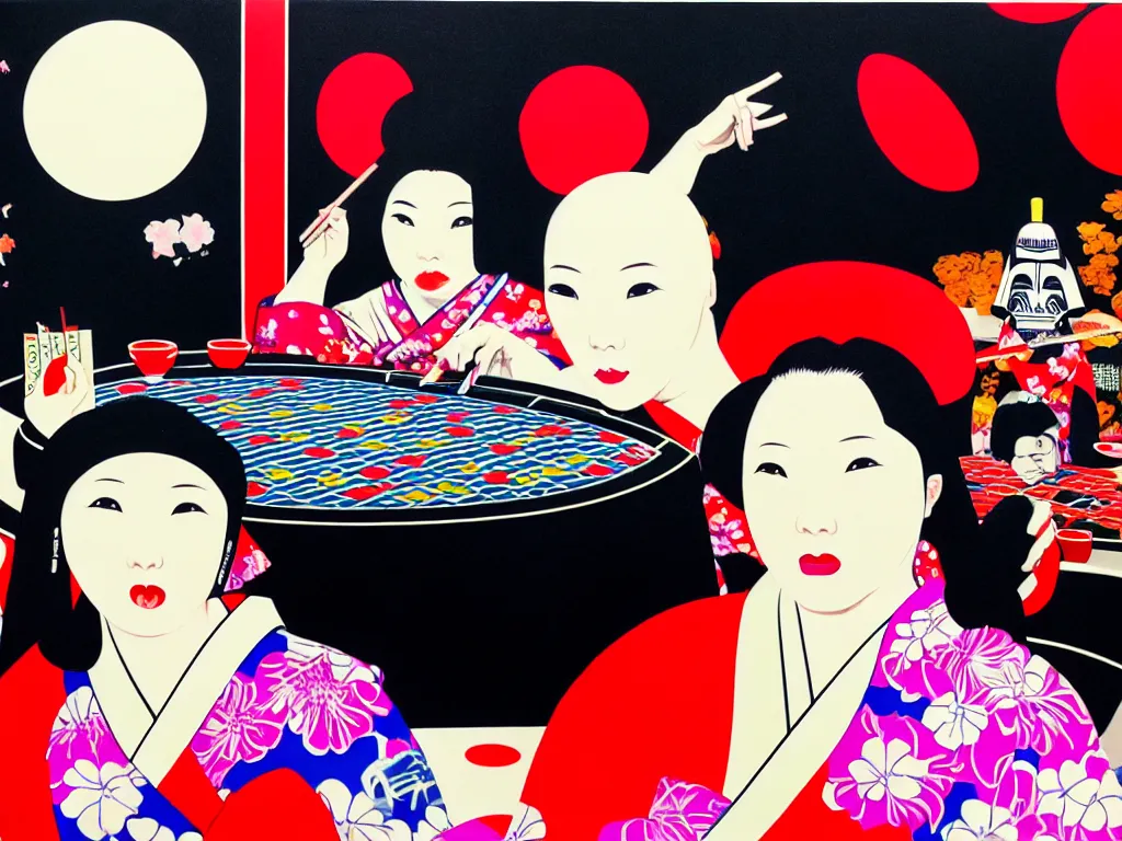 Image similar to hyperrealistic composition of the woman in a japanese kimono sitting at a poker table with darth vader, fireworks, mount fuji on the background, pop - art style, jacky tsai style, andy warhol style, acrylic on canvas