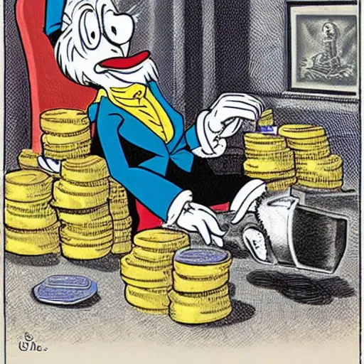 Prompt: scrooge sitting in a pile of gold coins and drinking champagne,in disney style, by don rosa