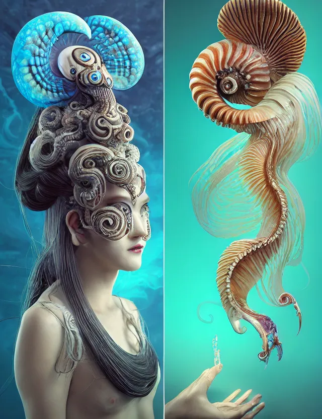 Image similar to 3 d goddess nautilus half - turn portrait with long hair with ram skull. beautiful intricately detailed japanese crow kitsune mask and clasical japanese kimono. betta fish, jellyfish phoenix, bio luminescent, plasma, ice, water, wind, creature, artwork by tooth wu and wlop and beeple and greg rutkowski