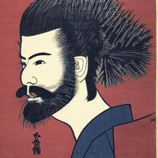 Prompt: japanese woodblock print of a punk with a mohawk and beard, profile picture with decorative flowers