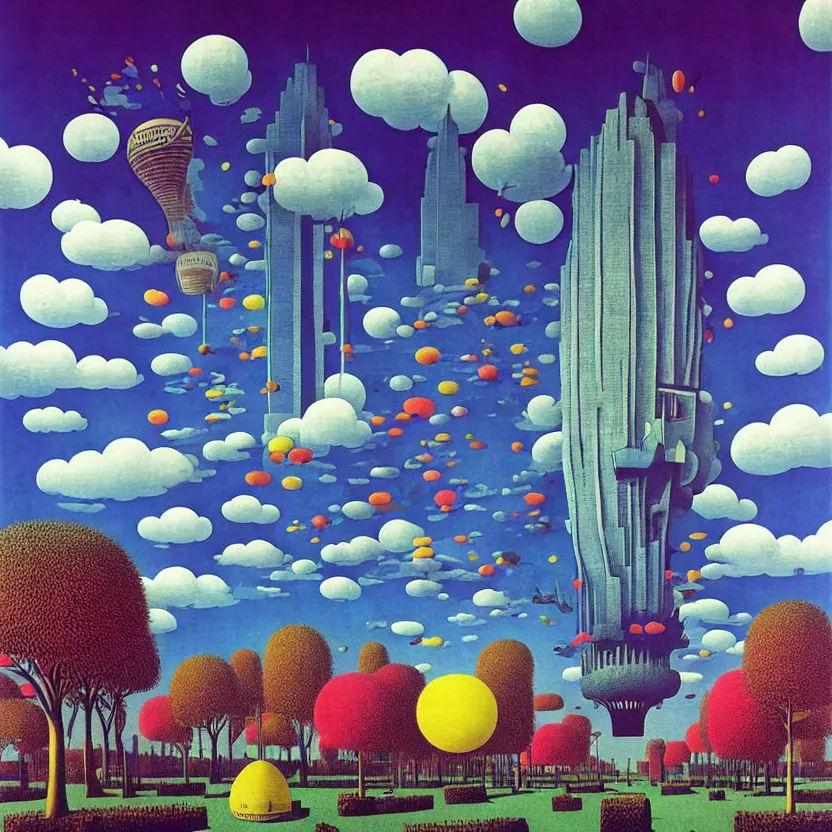 Image similar to surreal glimpse into other universe, mahanakorn tower with airship floating sky, summer morning, very coherent and colorful high contrast, art by! rene magritte! paul klee geof darrow, volumetric lighting, cinematic, floralpunk screen printing woodblock, dark shadows, hard lighting, stipple brush