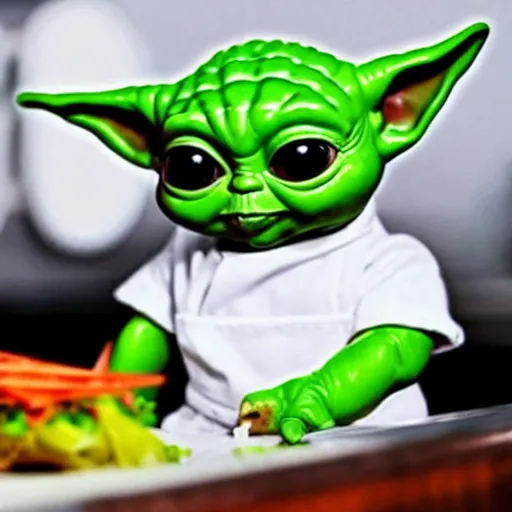 Image similar to tiny and innocent baby yoda appears as a chef wearing a white chefs hat and apron in a beautiful kitchen, preparing some food