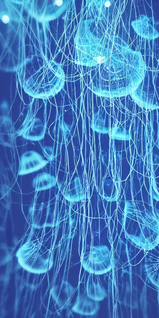 Prompt: at night, big blue jellyfish glowing in the night, very close detailed closeup, wonderful details, octane render, intricate, soft focus, film grain, blue tones, bokeh