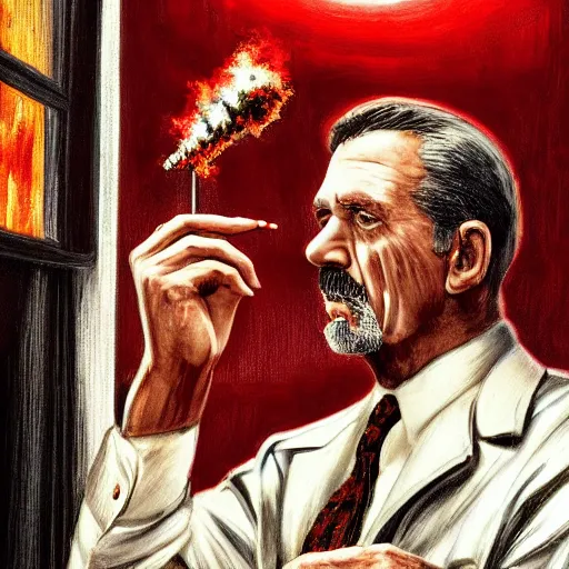 Image similar to Mr. House, realistic, highly detailed face, looks at the nuclear explosion, from the window of the Lucky 38 Casino, man smokes a cigar, ! holding in his Hand !, arm, cigarette advertising, hyperdetailed, artstation trending, ultra HD, artstation, photorealism, ultrarealistic, retro, 45mm, elegant,