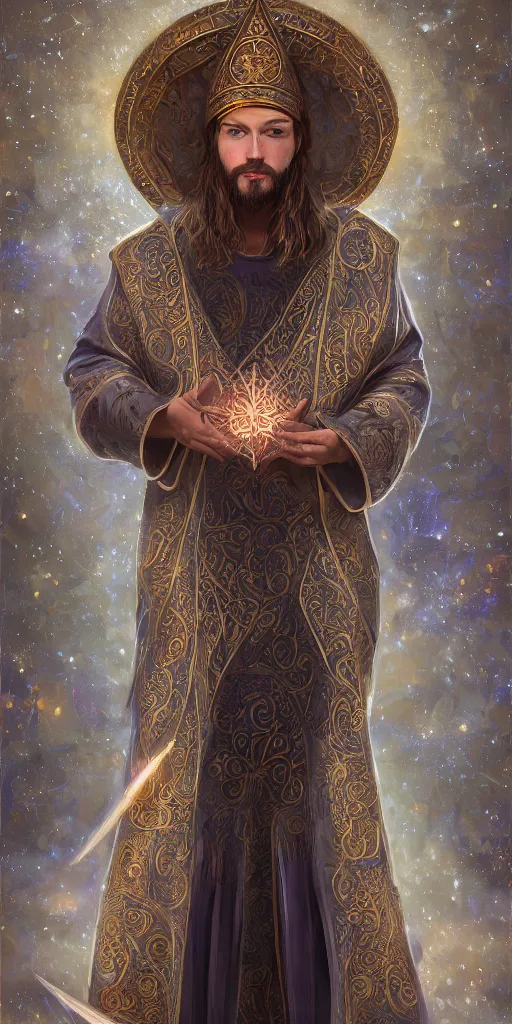Prompt: adult wizard wearing a byzantine hat and a robe with star and moon pattern, handsome face, focus eyes, large star crystals, symmetry, ultra realistic soft painting, full body, fantasy, intricate, elegant, highly detailed, digital painting, artstation, concept art, matte, illustration, 8 k