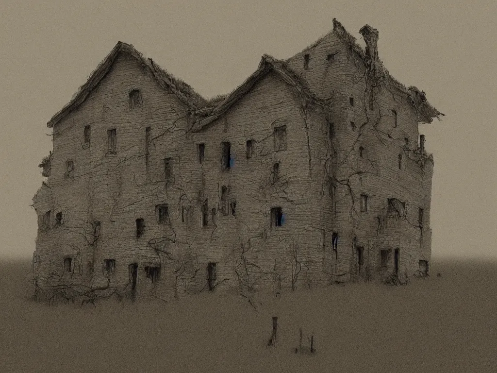 Prompt: a creepy house in the style of Zdzisław Beksiński