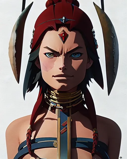 Image similar to azctec warrior, ( margot robbie ), detailed perfect face, exquisite details, fire magic, mid view, design on a white background, by studio muti, greg rutkowski makoto shinkai takashi takeuchi studio ghibli