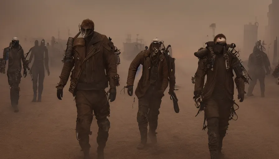 Prompt: masked mens with jackets walking in london in mad max, smoke bombs, fire, sand, sandstorm, hyperdetailed, artstation, cgsociety, 8 k