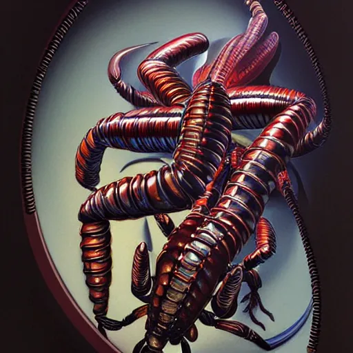 Image similar to bionic scorpion, art by peter lloyd, 1 9 8 0's art, retro art, airbrush style, art by hajime sorayama, intricate, elegant, sharp focus, illustration, highly detailed, concept art, matte, sharp focus, illustration, highly detailed, h 8 0 0