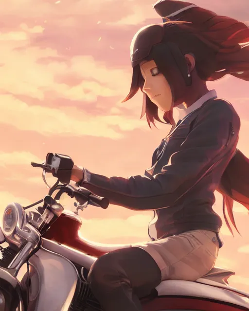 Image similar to a girl joyriding a on a motorcycle, full shot, atmospheric lighting, detailed face, by makoto shinkai, stanley artgerm lau, wlop, rossdraws