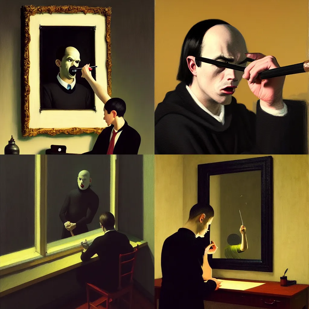 Prompt: an award - winning masterpiece gothic painting of a man getting ready to commit a brutal messy suicide on a twitch live stream, by joan cornella, by greg rutkowski, by edward hopper, dark comedy, humor, satire, trending on artstation, featured on pixiv, cinematic composition, beautiful lighting, detailed, hd,