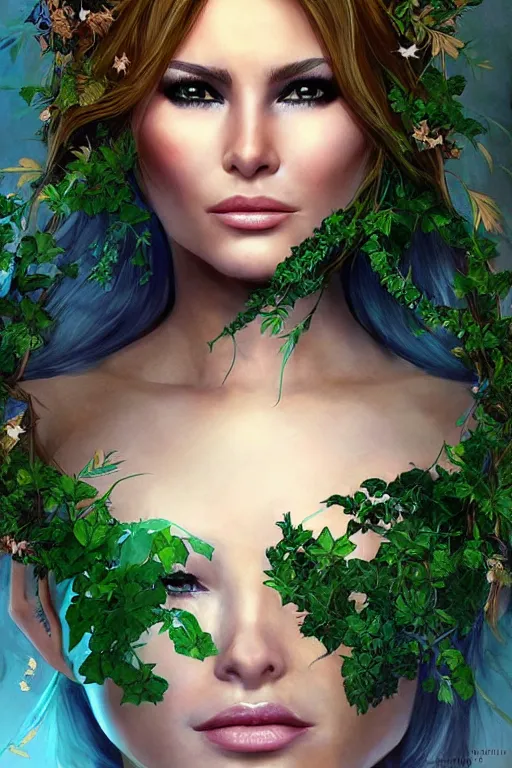 Prompt: portrait of a beautiful young melania trump as titania, summer queen. faerie queen. queen of light, blue, poison ivy, made by caravaggio stanley artgerm lau wlop rossdraws artstation cgsociety concept art cgsociety octane render