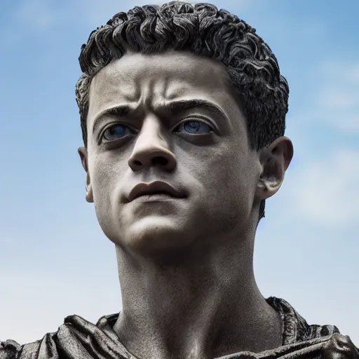 Prompt: rami malek as gorgeous statue of ancient roman emperor, 3 d photorealistic, high resolution render, museum photoshot, 8 k
