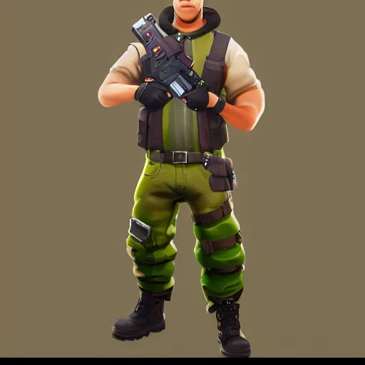 Image similar to anthropomorphic pickle man wearing bullet proof vest, ammo bandolier, tactical cargo pants, black military boots. fortnite character design