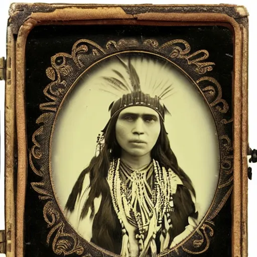 Image similar to daguerreotype ambrotype of a native american high priestess very intricate, highly detailed,